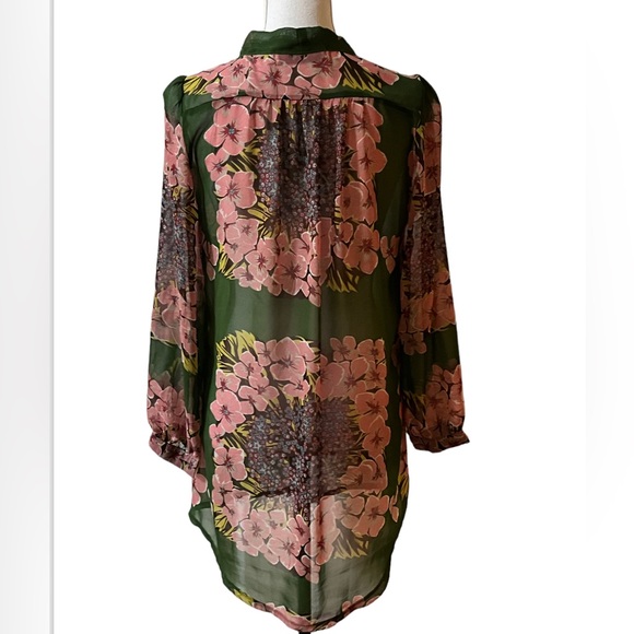 Mina UK Women’s 10 Top Button Up Blouse Floral Tie Neck Green Pink Long Sleeve - Picture 2 of 10